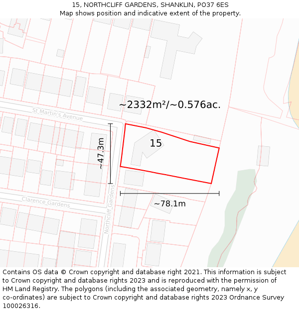 15, NORTHCLIFF GARDENS, SHANKLIN, PO37 6ES: Plot and title map