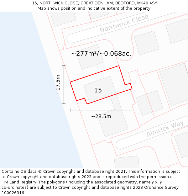 15, NORTHWICK CLOSE, GREAT DENHAM, BEDFORD, MK40 4SY: Plot and title map