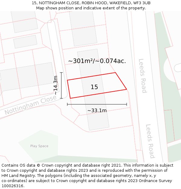 15, NOTTINGHAM CLOSE, ROBIN HOOD, WAKEFIELD, WF3 3UB: Plot and title map