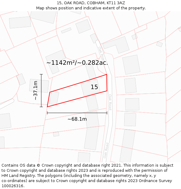 15, OAK ROAD, COBHAM, KT11 3AZ: Plot and title map