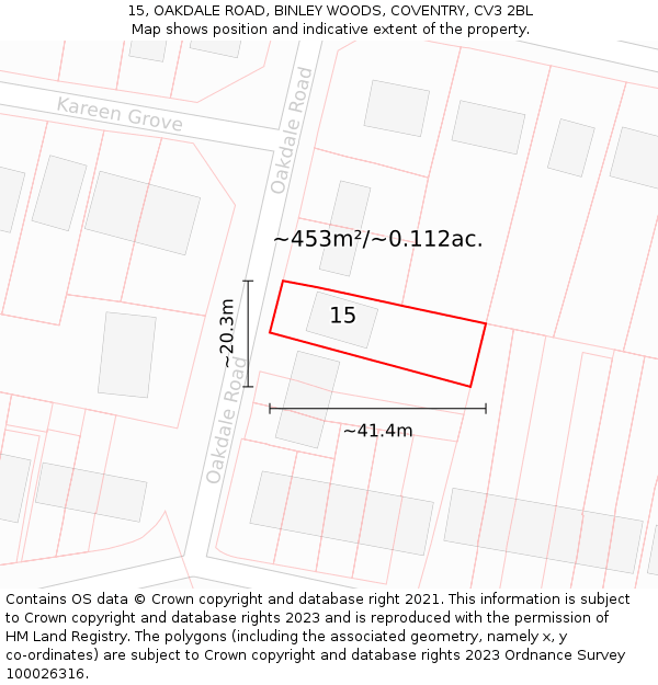 15, OAKDALE ROAD, BINLEY WOODS, COVENTRY, CV3 2BL: Plot and title map