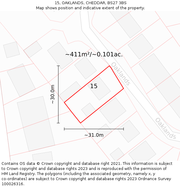 15, OAKLANDS, CHEDDAR, BS27 3BS: Plot and title map