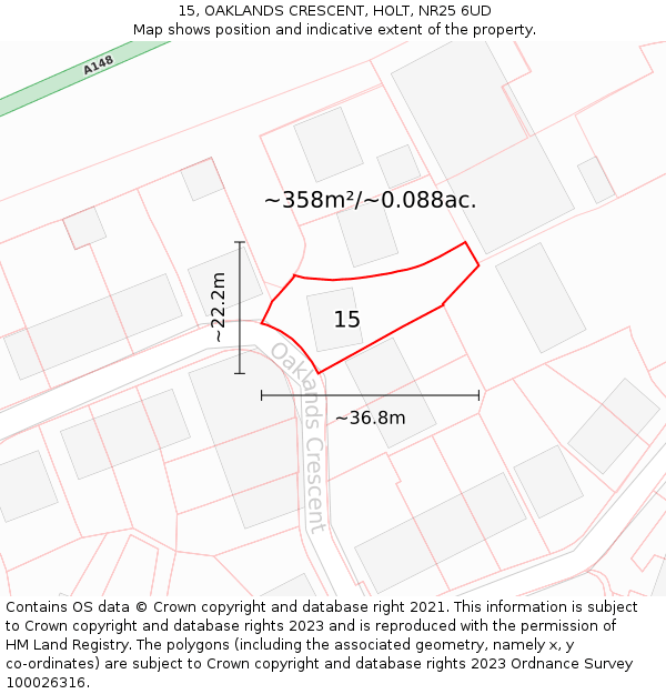 15, OAKLANDS CRESCENT, HOLT, NR25 6UD: Plot and title map