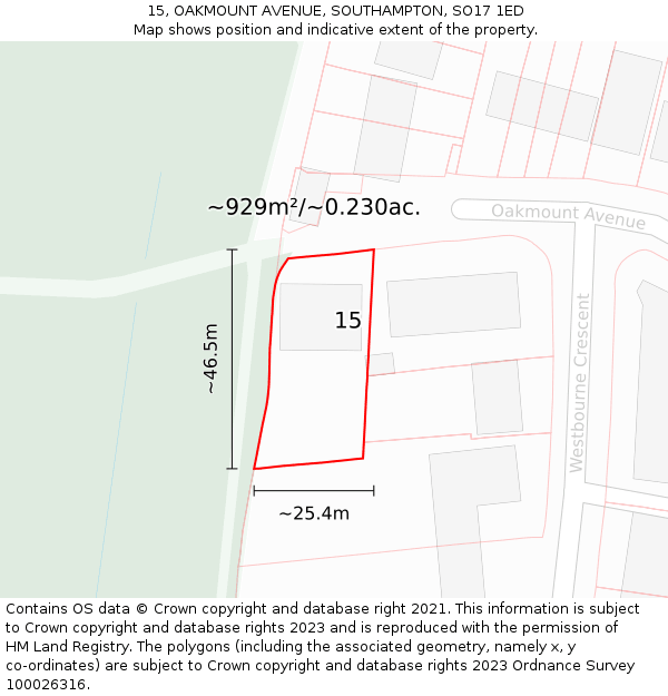 15, OAKMOUNT AVENUE, SOUTHAMPTON, SO17 1ED: Plot and title map