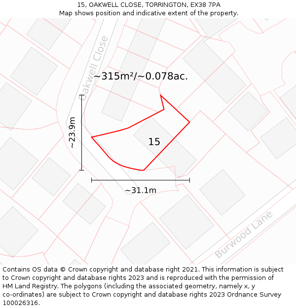 15, OAKWELL CLOSE, TORRINGTON, EX38 7PA: Plot and title map