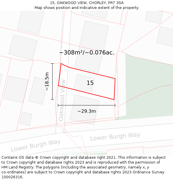 15, OAKWOOD VIEW, CHORLEY, PR7 3SA: Plot and title map