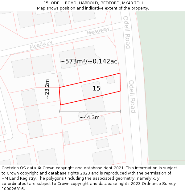 15, ODELL ROAD, HARROLD, BEDFORD, MK43 7DH: Plot and title map