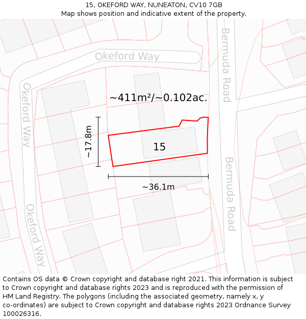 15, OKEFORD WAY, NUNEATON, CV10 7GB: Plot and title map