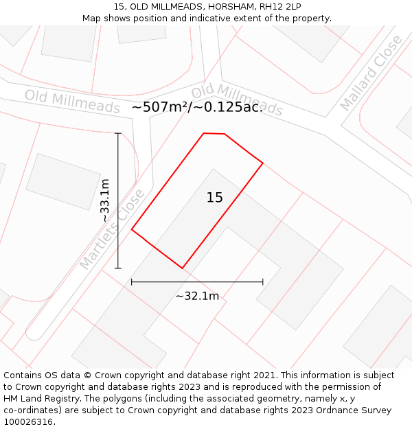 15, OLD MILLMEADS, HORSHAM, RH12 2LP: Plot and title map