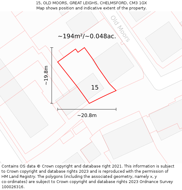 15, OLD MOORS, GREAT LEIGHS, CHELMSFORD, CM3 1GX: Plot and title map