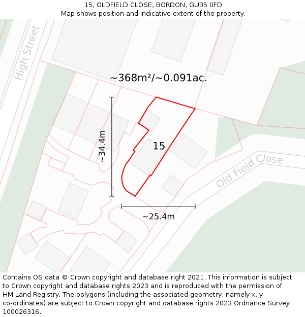 15, OLDFIELD CLOSE, BORDON, GU35 0FD: Plot and title map