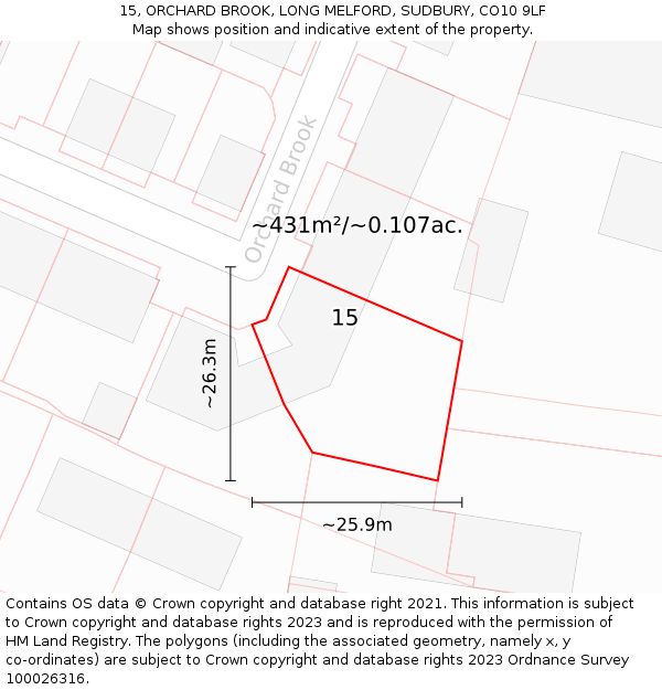 15, ORCHARD BROOK, LONG MELFORD, SUDBURY, CO10 9LF: Plot and title map