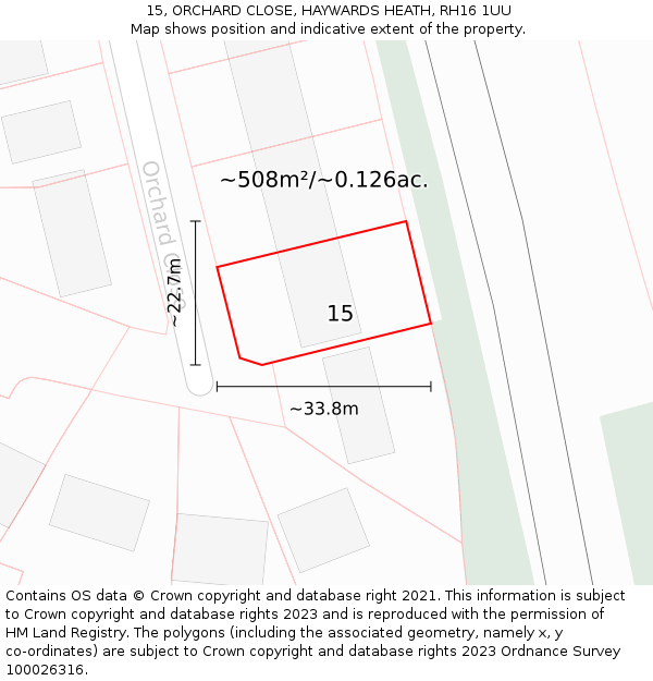 15, ORCHARD CLOSE, HAYWARDS HEATH, RH16 1UU: Plot and title map