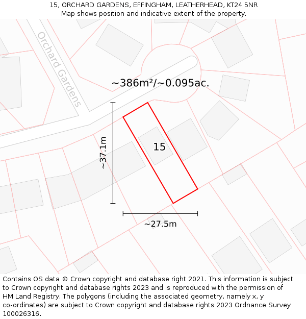 15, ORCHARD GARDENS, EFFINGHAM, LEATHERHEAD, KT24 5NR: Plot and title map