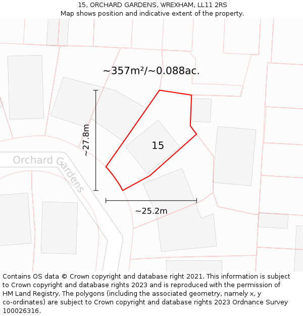 15, ORCHARD GARDENS, WREXHAM, LL11 2RS: Plot and title map