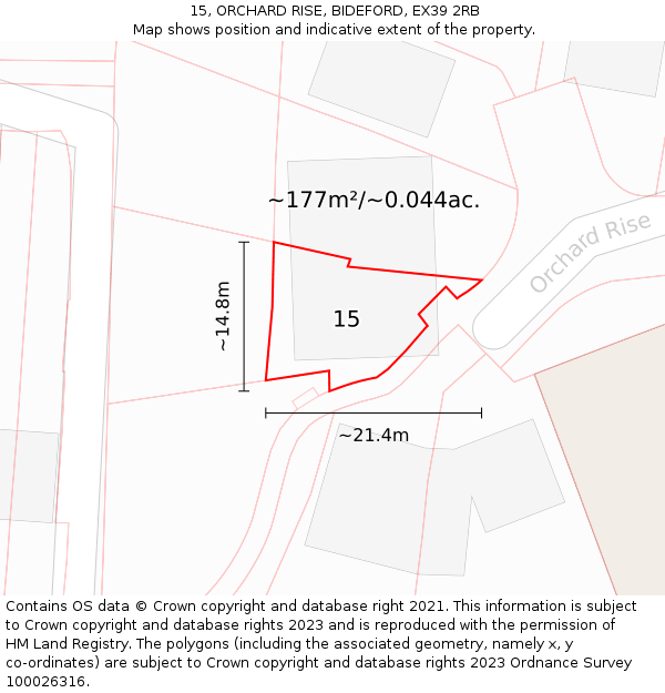 15, ORCHARD RISE, BIDEFORD, EX39 2RB: Plot and title map