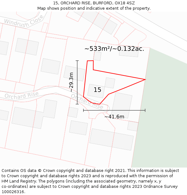 15, ORCHARD RISE, BURFORD, OX18 4SZ: Plot and title map