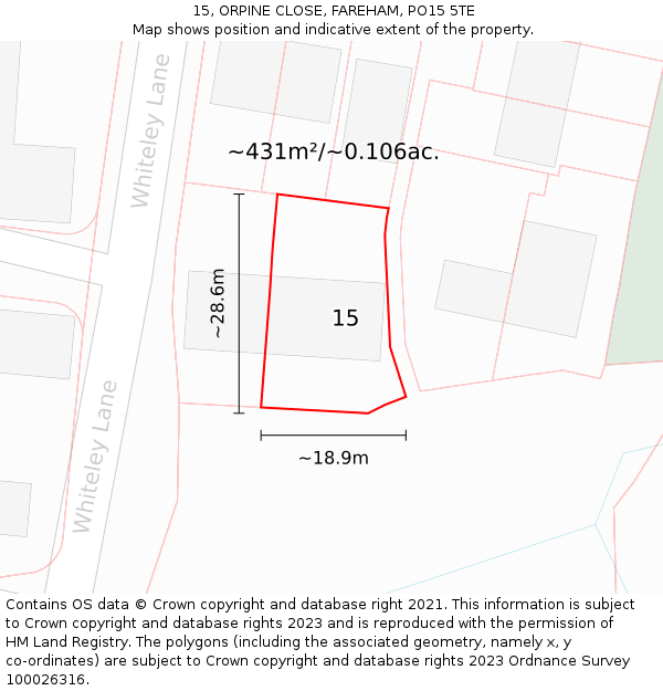 15, ORPINE CLOSE, FAREHAM, PO15 5TE: Plot and title map