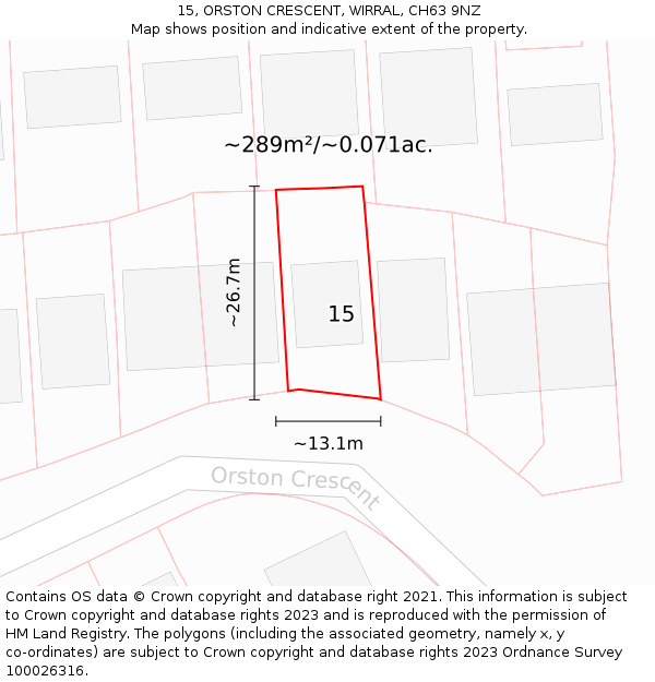 15, ORSTON CRESCENT, WIRRAL, CH63 9NZ: Plot and title map