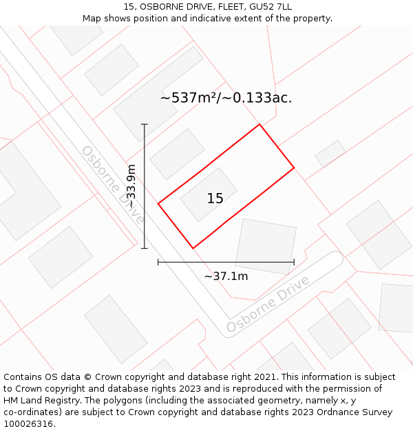 15, OSBORNE DRIVE, FLEET, GU52 7LL: Plot and title map