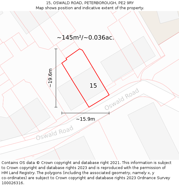15, OSWALD ROAD, PETERBOROUGH, PE2 9RY: Plot and title map