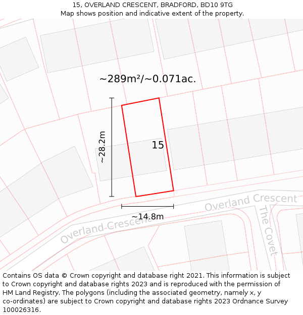 15, OVERLAND CRESCENT, BRADFORD, BD10 9TG: Plot and title map