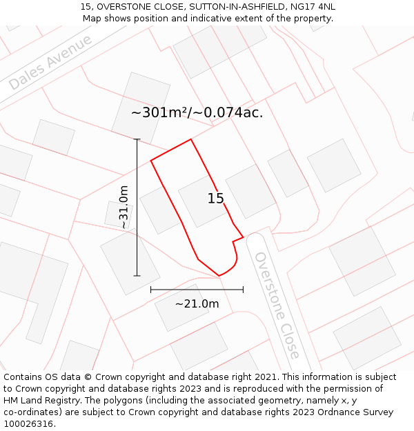 15, OVERSTONE CLOSE, SUTTON-IN-ASHFIELD, NG17 4NL: Plot and title map