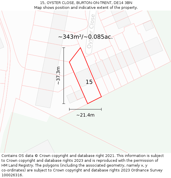 15, OYSTER CLOSE, BURTON-ON-TRENT, DE14 3BN: Plot and title map