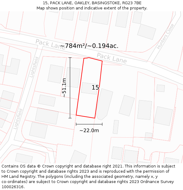 15, PACK LANE, OAKLEY, BASINGSTOKE, RG23 7BE: Plot and title map