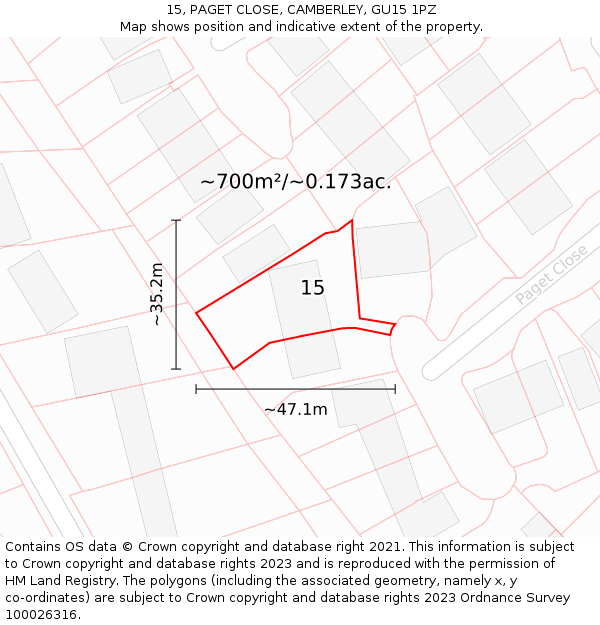 15, PAGET CLOSE, CAMBERLEY, GU15 1PZ: Plot and title map