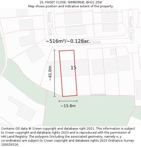 15, PAGET CLOSE, WIMBORNE, BH21 2SW: Plot and title map