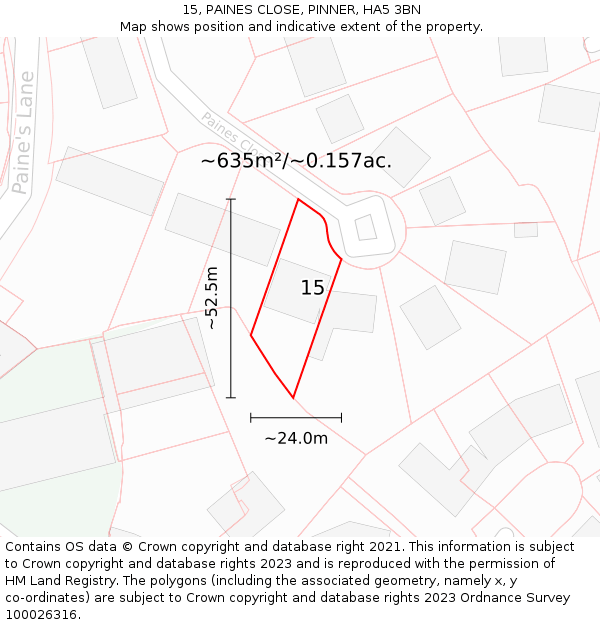15, PAINES CLOSE, PINNER, HA5 3BN: Plot and title map