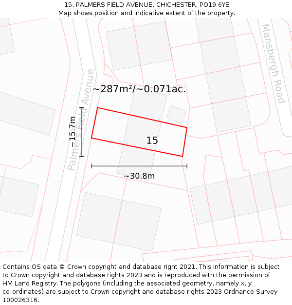 15, PALMERS FIELD AVENUE, CHICHESTER, PO19 6YE: Plot and title map