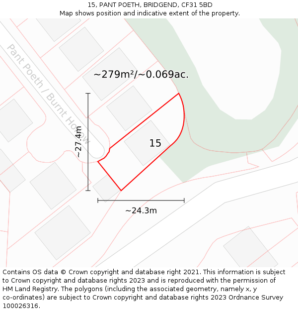 15, PANT POETH, BRIDGEND, CF31 5BD: Plot and title map
