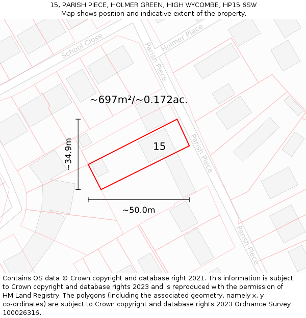 15, PARISH PIECE, HOLMER GREEN, HIGH WYCOMBE, HP15 6SW: Plot and title map