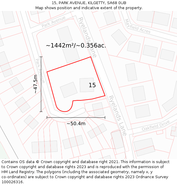 15, PARK AVENUE, KILGETTY, SA68 0UB: Plot and title map