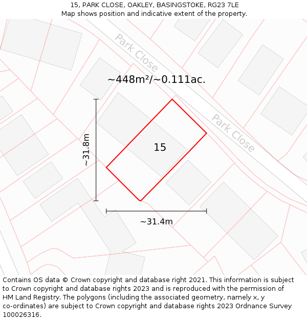 15, PARK CLOSE, OAKLEY, BASINGSTOKE, RG23 7LE: Plot and title map