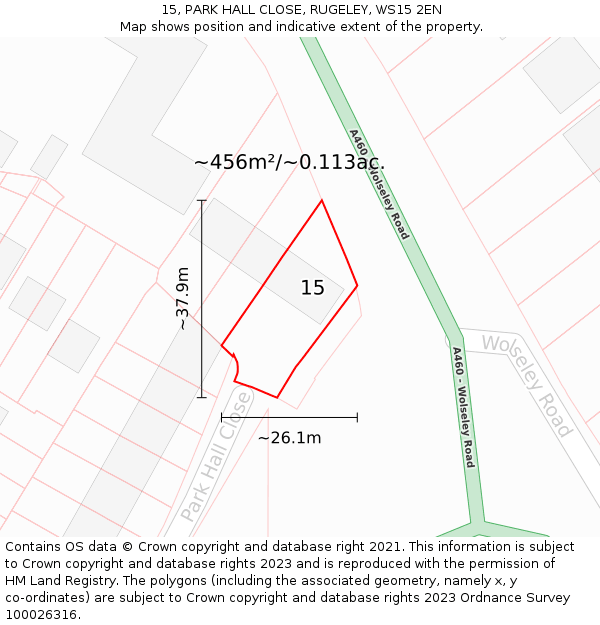 15, PARK HALL CLOSE, RUGELEY, WS15 2EN: Plot and title map