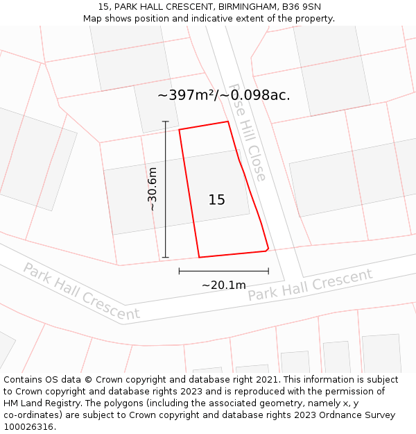 15, PARK HALL CRESCENT, BIRMINGHAM, B36 9SN: Plot and title map