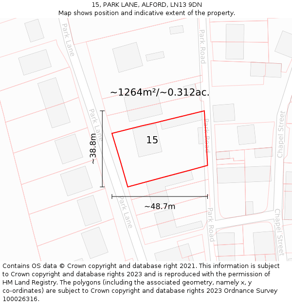 15, PARK LANE, ALFORD, LN13 9DN: Plot and title map