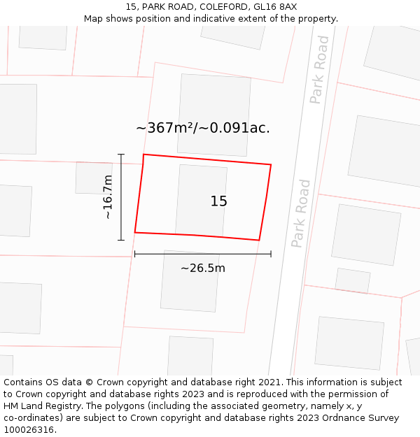 15, PARK ROAD, COLEFORD, GL16 8AX: Plot and title map