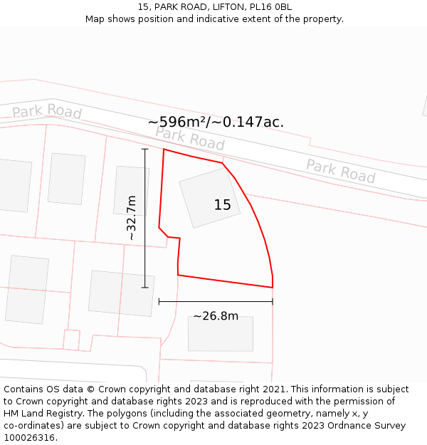 15, PARK ROAD, LIFTON, PL16 0BL: Plot and title map