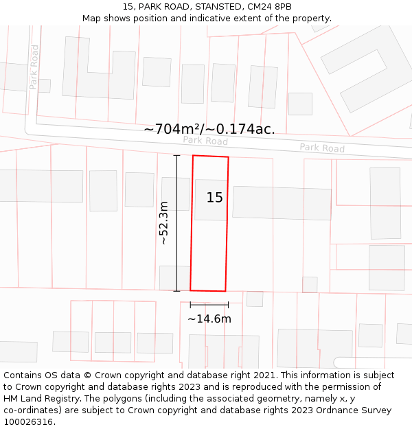 15, PARK ROAD, STANSTED, CM24 8PB: Plot and title map