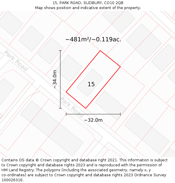 15, PARK ROAD, SUDBURY, CO10 2QB: Plot and title map