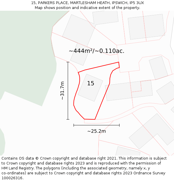 15, PARKERS PLACE, MARTLESHAM HEATH, IPSWICH, IP5 3UX: Plot and title map