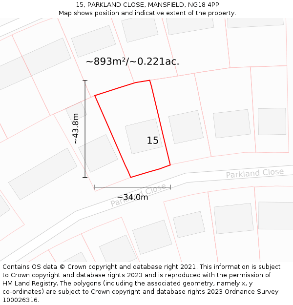 15, PARKLAND CLOSE, MANSFIELD, NG18 4PP: Plot and title map