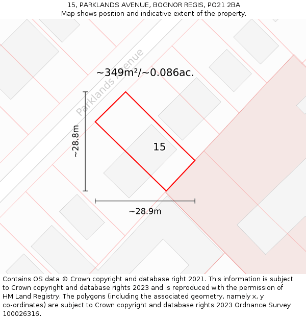 15, PARKLANDS AVENUE, BOGNOR REGIS, PO21 2BA: Plot and title map