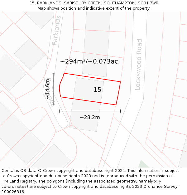 15, PARKLANDS, SARISBURY GREEN, SOUTHAMPTON, SO31 7WR: Plot and title map