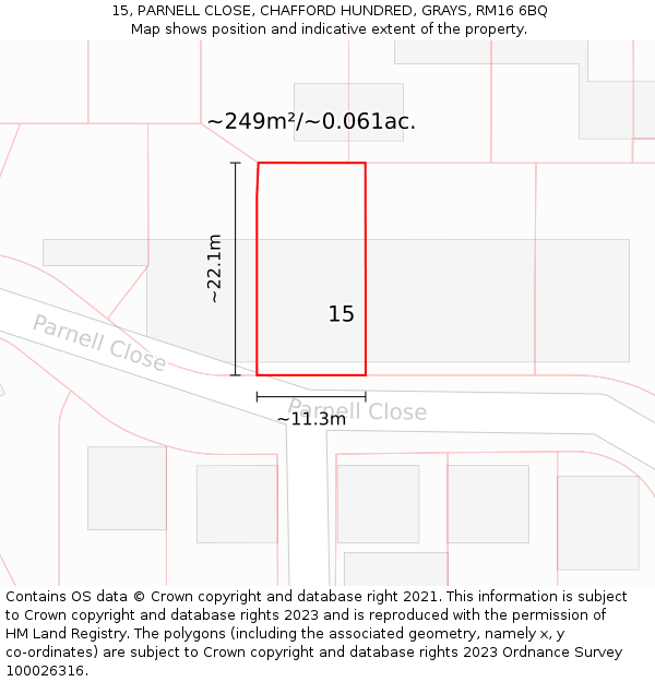 15, PARNELL CLOSE, CHAFFORD HUNDRED, GRAYS, RM16 6BQ: Plot and title map