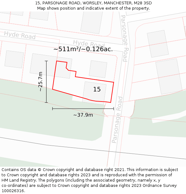 15, PARSONAGE ROAD, WORSLEY, MANCHESTER, M28 3SD: Plot and title map